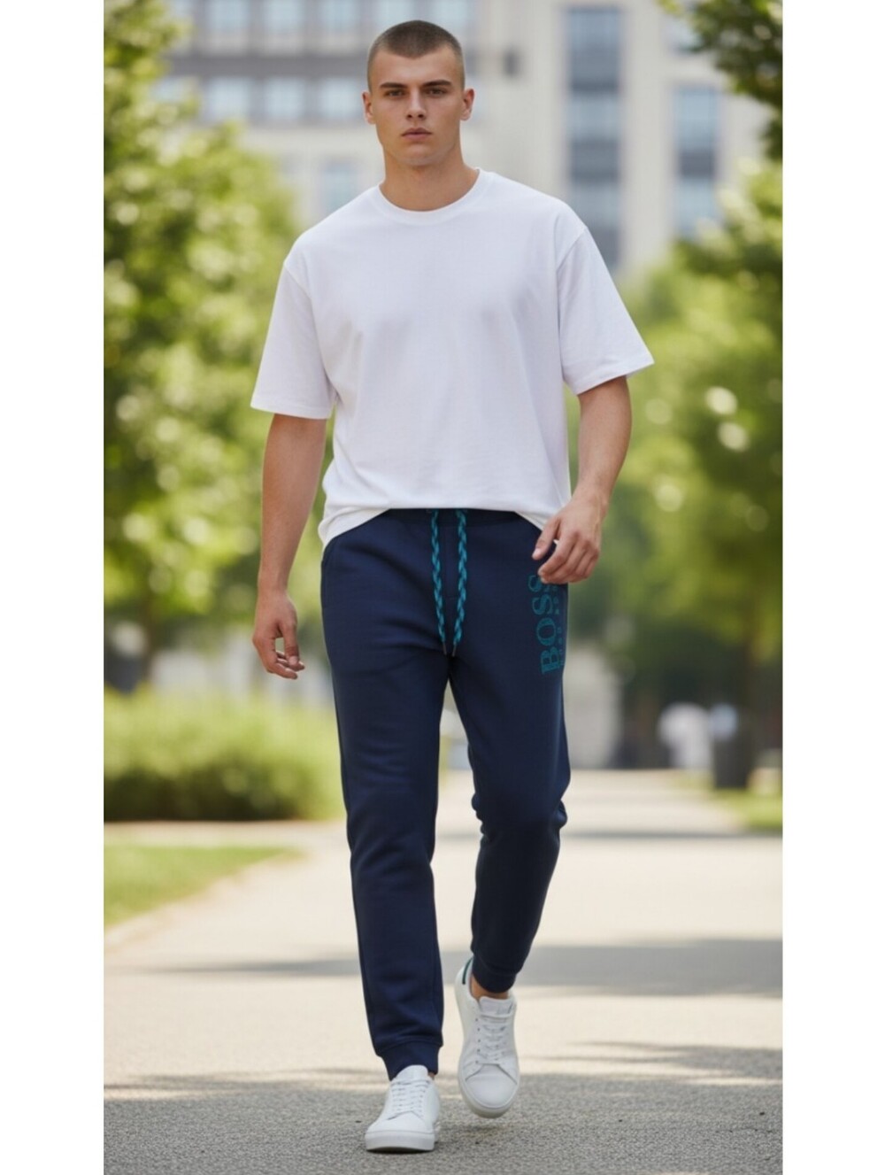 Hugo Boss size eeg / xxl jogger pants blue big logo pockets drawcord sports gym
